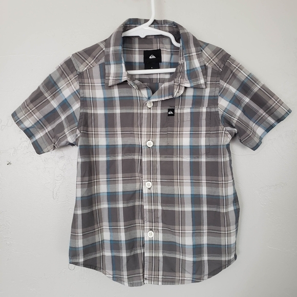 Quiksilver Little Boy 5 Grey Blue Plaid Short Sleeve Button Up Shirt Top Dressy - Picture 1 of 6